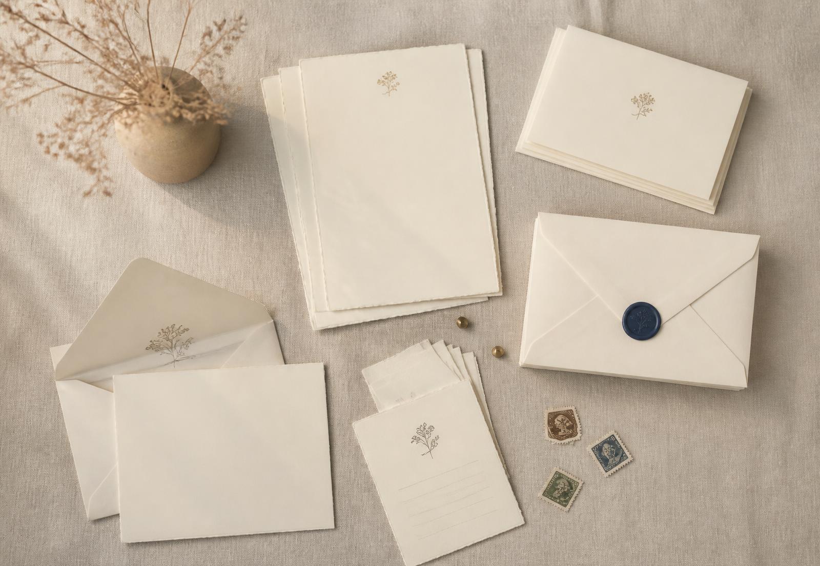 The Dearly Welcome Kit laid out on natural linen in warm morning light: cream stationery sheets, white envelopes, stamps and prompt cards.
